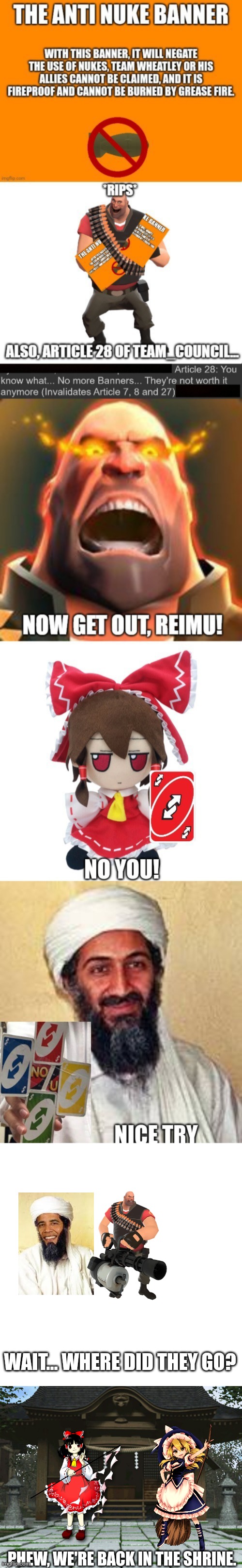Congratulations Team Wheatley, you have wasted your time. And they are back to Gensokyo. | WAIT... WHERE DID THEY GO? PHEW, WE'RE BACK IN THE SHRINE. | image tagged in memes,blank transparent square | made w/ Imgflip meme maker