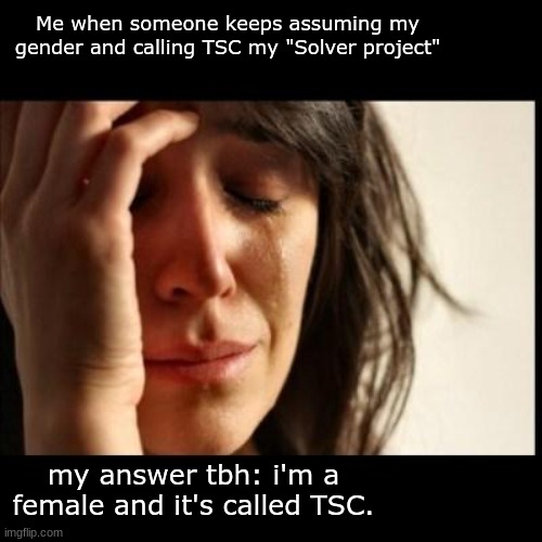 Please stop assuming my gender and TSC's name... | Me when someone keeps assuming my gender and calling TSC my "Solver project"; my answer tbh: i'm a female and it's called TSC. | image tagged in tsc | made w/ Imgflip meme maker