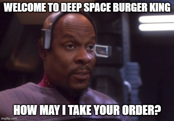 Flame Grilled Sisko | WELCOME TO DEEP SPACE BURGER KING; HOW MAY I TAKE YOUR ORDER? | image tagged in sisko vr surprise | made w/ Imgflip meme maker