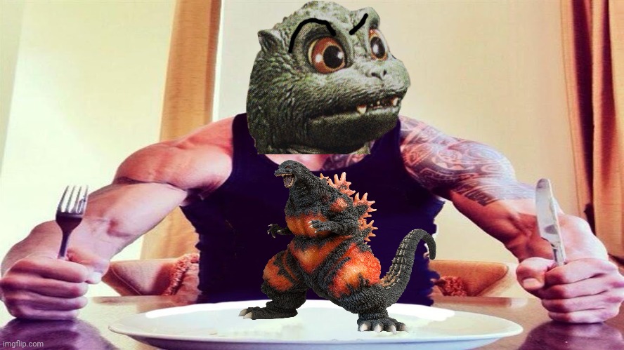 godzilla vs destroyah ending reimagined | image tagged in dwayne the rock eating | made w/ Imgflip meme maker