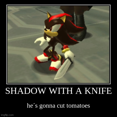 stabby stab >:3 | SHADOW WITH A KNIFE | he´s gonna cut tomatoes | image tagged in demotivationals,i have no idea what i am doing | made w/ Imgflip demotivational maker