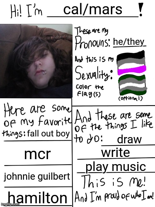 yay | cal/mars; he/they; fall out boy; draw; mcr; write; play music; johnnie guilbert; hamilton | image tagged in lgbtq stream account profile | made w/ Imgflip meme maker