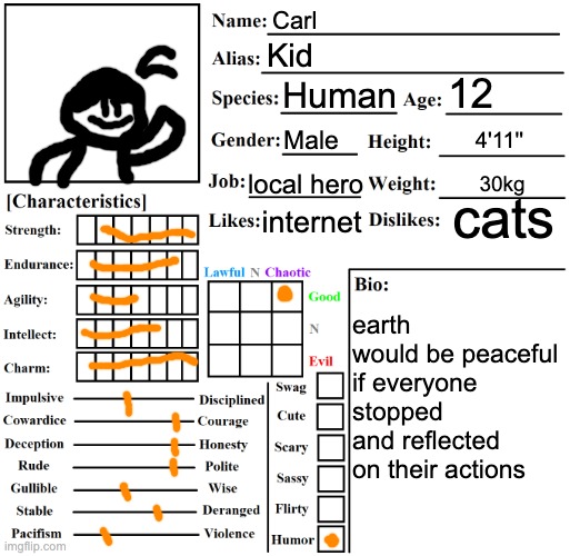you see him in an alley way, practising a combo (rules in tags) | Carl; Kid; 12; Human; Male; 4'11''; local hero; 30kg; cats; internet; earth would be peaceful if everyone stopped and reflected on their actions | image tagged in no erp,no romance | made w/ Imgflip meme maker