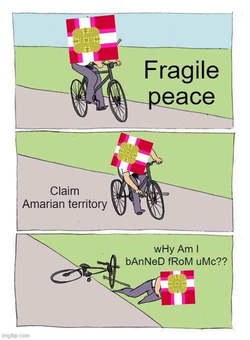 Bike Fall Meme | Fragile peace; Claim Amarian territory; wHy Am I bAnNeD fRoM uMc?? | image tagged in memes,bike fall | made w/ Imgflip meme maker