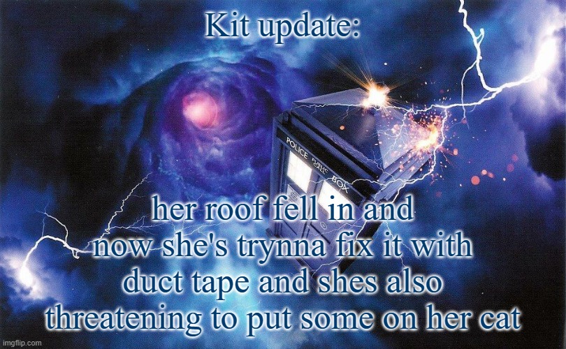 The_Doctor's Template | Kit update:; her roof fell in and now she's trynna fix it with duct tape and shes also threatening to put some on her cat | image tagged in the_doctor's template | made w/ Imgflip meme maker