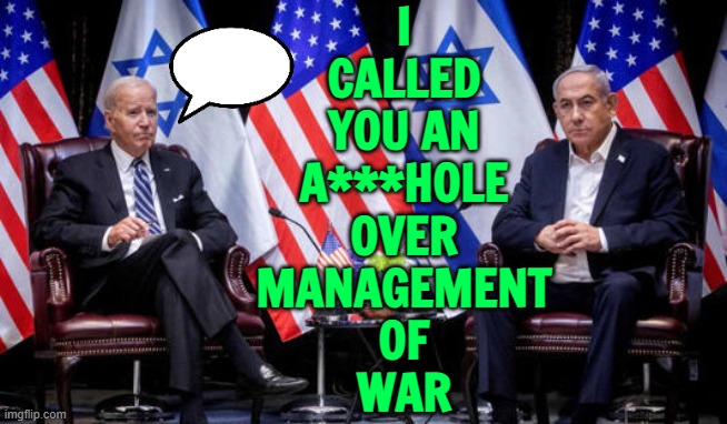 Joe Biden calls Netanyahu an 'a***hole' over Israel's military campaign in Gaza | I
CALLED
YOU AN
A***HOLE
OVER
MANAGEMENT
OF
WAR | image tagged in biden and netanyahu the plan,creepy joe biden,president_joe_biden,sad joe biden,palestine,world war 3 | made w/ Imgflip meme maker