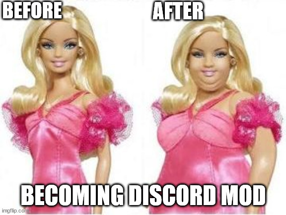 Before and after becoming a discord mod | BEFORE; AFTER; BECOMING DISCORD MOD | image tagged in barbie before after,before and after,discord mod,barbie meme | made w/ Imgflip meme maker