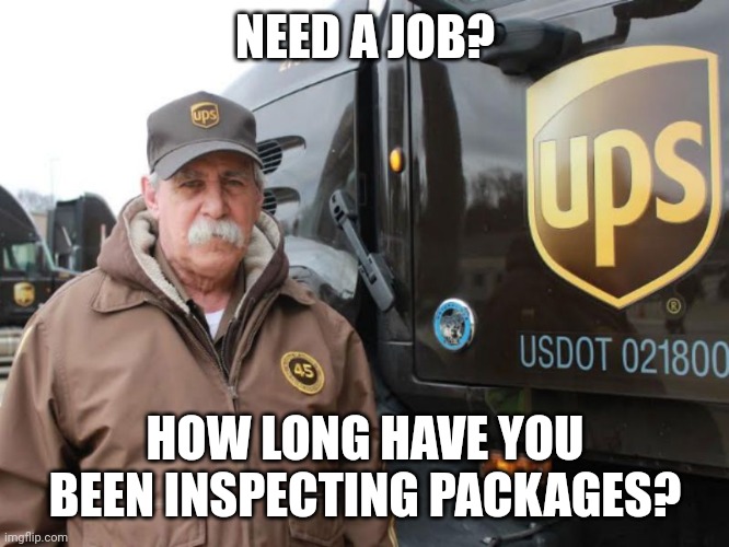 UPS driver | NEED A JOB? HOW LONG HAVE YOU BEEN INSPECTING PACKAGES? | image tagged in ups driver | made w/ Imgflip meme maker