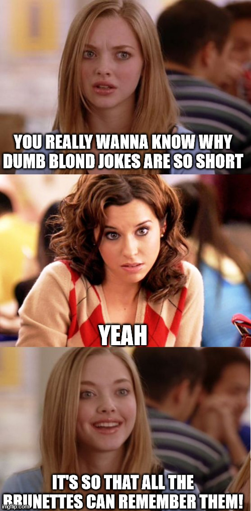 Blonde Pun | YOU REALLY WANNA KNOW WHY DUMB BLOND JOKES ARE SO SHORT; YEAH; IT'S SO THAT ALL THE BRUNETTES CAN REMEMBER THEM! | image tagged in blonde pun,dumb blonde,blonde jokes,dumb blond jokes | made w/ Imgflip meme maker