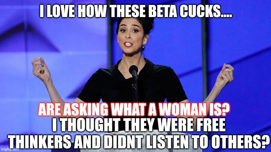 dnc sarah silverman | I LOVE HOW THESE BETA CUCKS.... ARE ASKING WHAT A WOMAN IS? I THOUGHT THEY WERE FREE THINKERS AND DIDNT LISTEN TO OTHERS? | image tagged in dnc sarah silverman | made w/ Imgflip meme maker