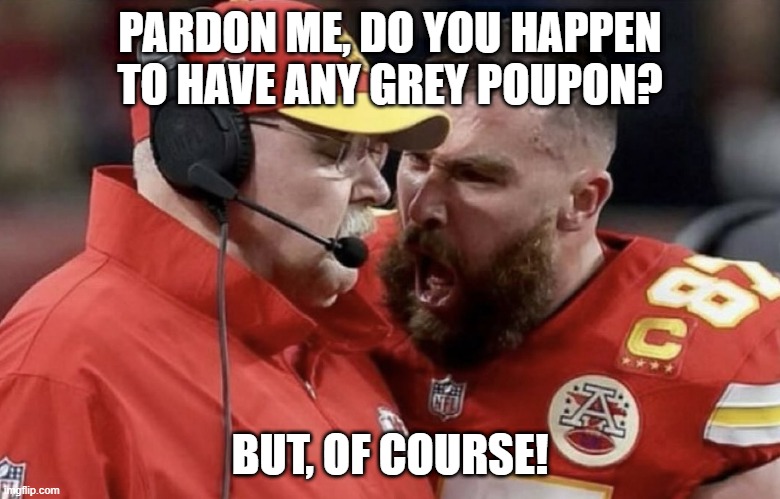 Travis Kelce Yelling | PARDON ME, DO YOU HAPPEN TO HAVE ANY GREY POUPON? BUT, OF COURSE! | image tagged in travis kelce yelling | made w/ Imgflip meme maker