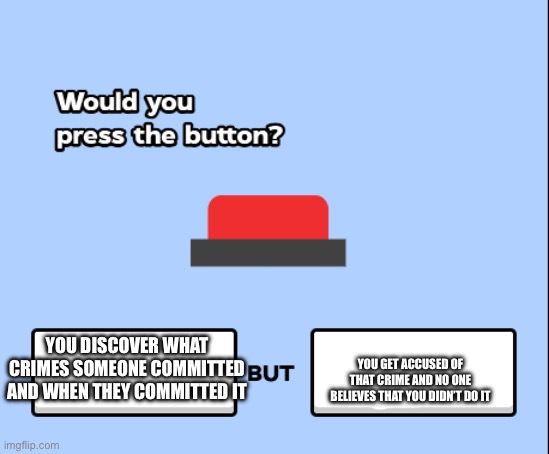 would you press the button | YOU DISCOVER WHAT CRIMES SOMEONE COMMITTED AND WHEN THEY COMMITTED IT; YOU GET ACCUSED OF THAT CRIME AND NO ONE BELIEVES THAT YOU DIDN’T DO IT | image tagged in would you press the button | made w/ Imgflip meme maker