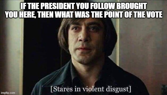 No Country for Old Men Anton Chigurh Stares in violent disgust | IF THE PRESIDENT YOU FOLLOW BROUGHT YOU HERE, THEN WHAT WAS THE POINT OF THE VOTE | image tagged in no country for old men anton chigurh stares in violent disgust | made w/ Imgflip meme maker