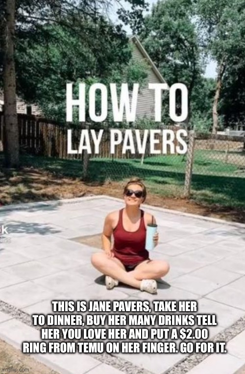 Lay Pavers | THIS IS JANE PAVERS, TAKE HER TO DINNER, BUY HER MANY DRINKS TELL HER YOU LOVE HER AND PUT A $2.00 RING FROM TEMU ON HER FINGER. GO FOR IT. | image tagged in funny memes | made w/ Imgflip meme maker