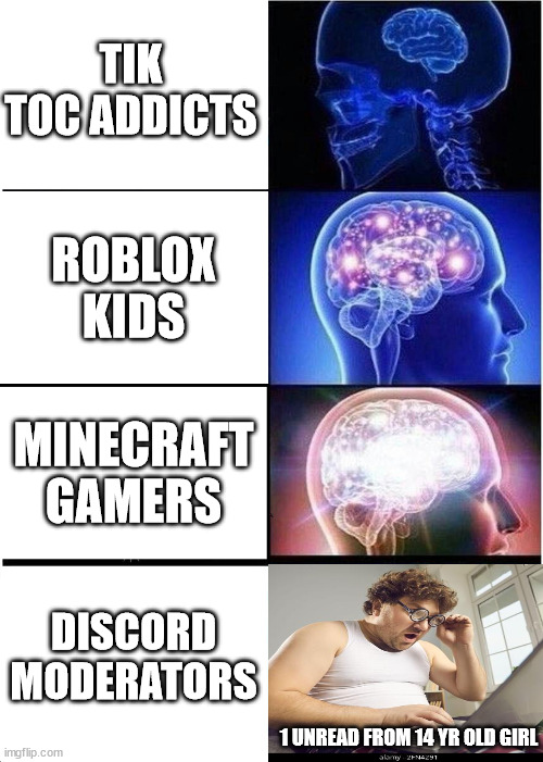 Expanding Brain Meme | TIK TOC ADDICTS; ROBLOX KIDS; MINECRAFT GAMERS; DISCORD MODERATORS; 1 UNREAD FROM 14 YR OLD GIRL | image tagged in memes,expanding brain | made w/ Imgflip meme maker