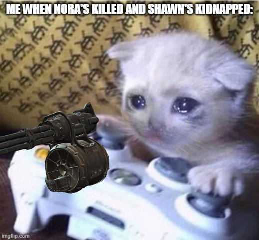 Ladies and Gentlemen, I got Fallout 4 for 7 bucks today! | ME WHEN NORA'S KILLED AND SHAWN'S KIDNAPPED: | image tagged in sad gaming cat,fallout 4 everyone disliked that,fallout 4 | made w/ Imgflip meme maker