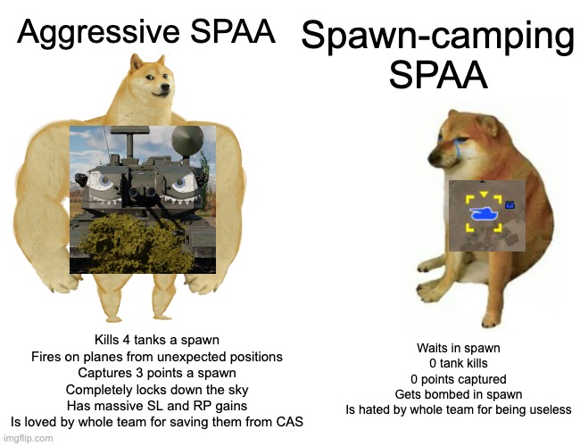 Spawn Camping SPAAs are cringe | Aggressive SPAA; Spawn-camping SPAA; Kills 4 tanks a spawn
Fires on planes from unexpected positions
Captures 3 points a spawn
Completely locks down the sky
Has massive SL and RP gains
Is loved by whole team for saving them from CAS; Waits in spawn
0 tank kills
0 points captured
Gets bombed in spawn
Is hated by whole team for being useless | image tagged in memes,buff doge vs cheems | made w/ Imgflip meme maker