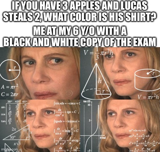 Am I the only one who has passed trough this? | IF YOU HAVE 3 APPLES AND LUCAS STEALS 2, WHAT COLOR IS HIS SHIRT? ME AT MY 6 Y/O WITH A BLACK AND WHITE COPY OF THE EXAM | image tagged in calculating meme,school,school meme,uhh,exams,oh wow are you actually reading these tags | made w/ Imgflip meme maker