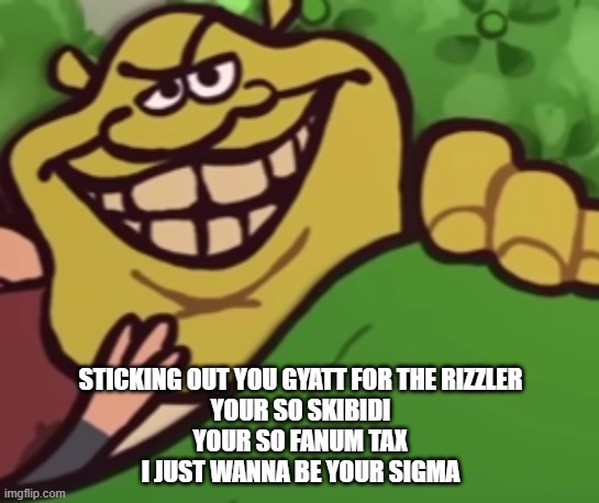 Shrek rizz | STICKING OUT YOU GYATT FOR THE RIZZLER
YOUR SO SKIBIDI
YOUR SO FANUM TAX
I JUST WANNA BE YOUR SIGMA | image tagged in gyatt,skibidi,fnanum tax,sigma,rizzler | made w/ Imgflip meme maker