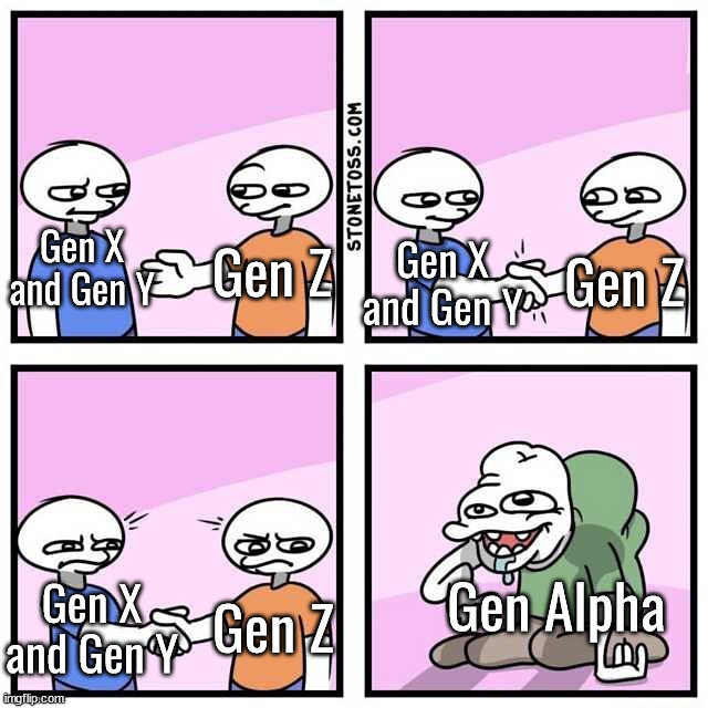 Handshake | Gen X and Gen Y; Gen X and Gen Y; Gen Z; Gen Z; Gen Alpha; Gen X and Gen Y; Gen Z | image tagged in handshake | made w/ Imgflip meme maker