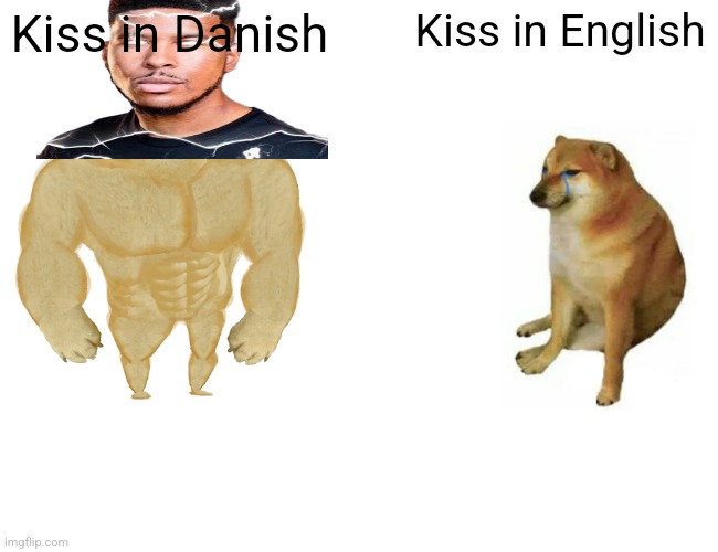 Buff Doge vs. Cheems Meme | Kiss in Danish; Kiss in English | image tagged in memes,buff doge vs cheems | made w/ Imgflip meme maker