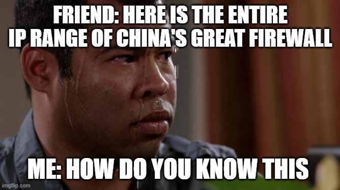 sweating bullets | FRIEND: HERE IS THE ENTIRE IP RANGE OF CHINA'S GREAT FIREWALL; ME: HOW DO YOU KNOW THIS | image tagged in sweating bullets | made w/ Imgflip meme maker