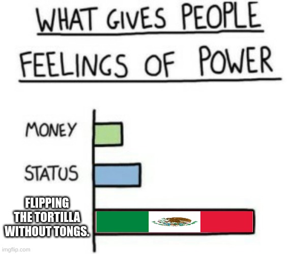 What Gives People Feelings of Power | FLIPPING THE TORTILLA WITHOUT TONGS. | image tagged in what gives people feelings of power | made w/ Imgflip meme maker