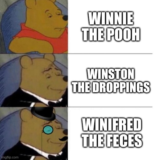 spot the difference | WINNIE THE POOH; WINSTON THE DROPPINGS; WINIFRED THE FECES | image tagged in tuxedo winnie the pooh,oh wow are you actually reading these tags | made w/ Imgflip meme maker