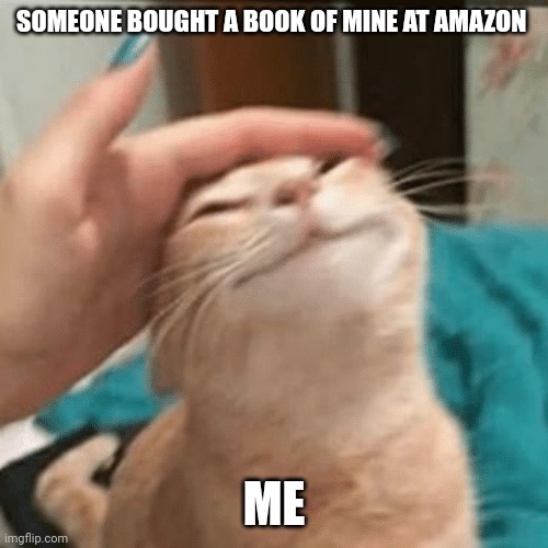Pet the cat | SOMEONE BOUGHT A BOOK OF MINE AT AMAZON; ME | image tagged in pet the cat | made w/ Imgflip meme maker