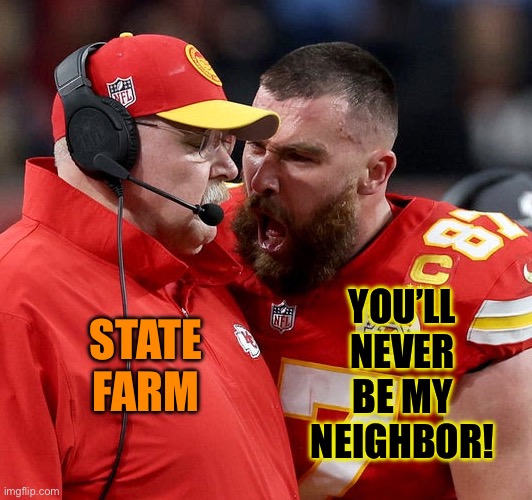 Travis Kelce screaming | YOU’LL NEVER BE MY NEIGHBOR! STATE FARM | image tagged in travis kelce screaming | made w/ Imgflip meme maker