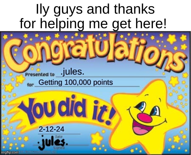 Ahhhh thanks you guys | image tagged in happy star congratulations,woo hoo,100000 points | made w/ Imgflip meme maker