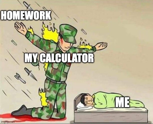 Soldier Protect Kid | HOMEWORK; MY CALCULATOR; ME | image tagged in soldier protect kid | made w/ Imgflip meme maker