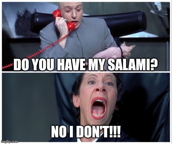 I don't have your salami | DO YOU HAVE MY SALAMI? NO I DON'T!!! | image tagged in dr evil and frau yelling,jpfan102504,food memes | made w/ Imgflip meme maker