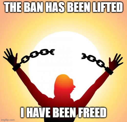 NOT DEAD YET MOTHERFUCKERS | THE BAN HAS BEEN LIFTED; I HAVE BEEN FREED | image tagged in freedom | made w/ Imgflip meme maker