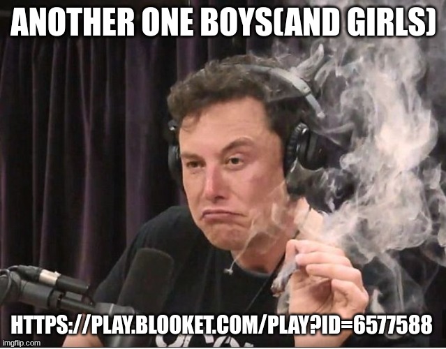Elon Musk smoking a joint | ANOTHER ONE BOYS(AND GIRLS); HTTPS://PLAY.BLOOKET.COM/PLAY?ID=6577588 | image tagged in elon musk smoking a joint | made w/ Imgflip meme maker