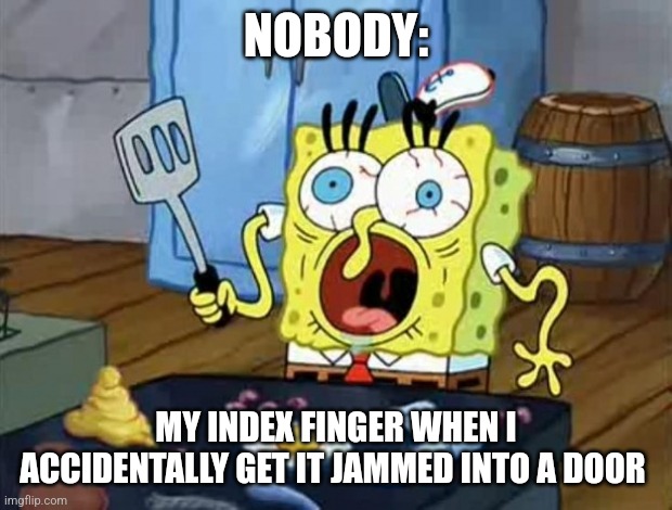 I jammed my finger | NOBODY:; MY INDEX FINGER WHEN I ACCIDENTALLY GET IT JAMMED INTO A DOOR | image tagged in crazy spongebob,relatable,pain,jpfan102504 | made w/ Imgflip meme maker