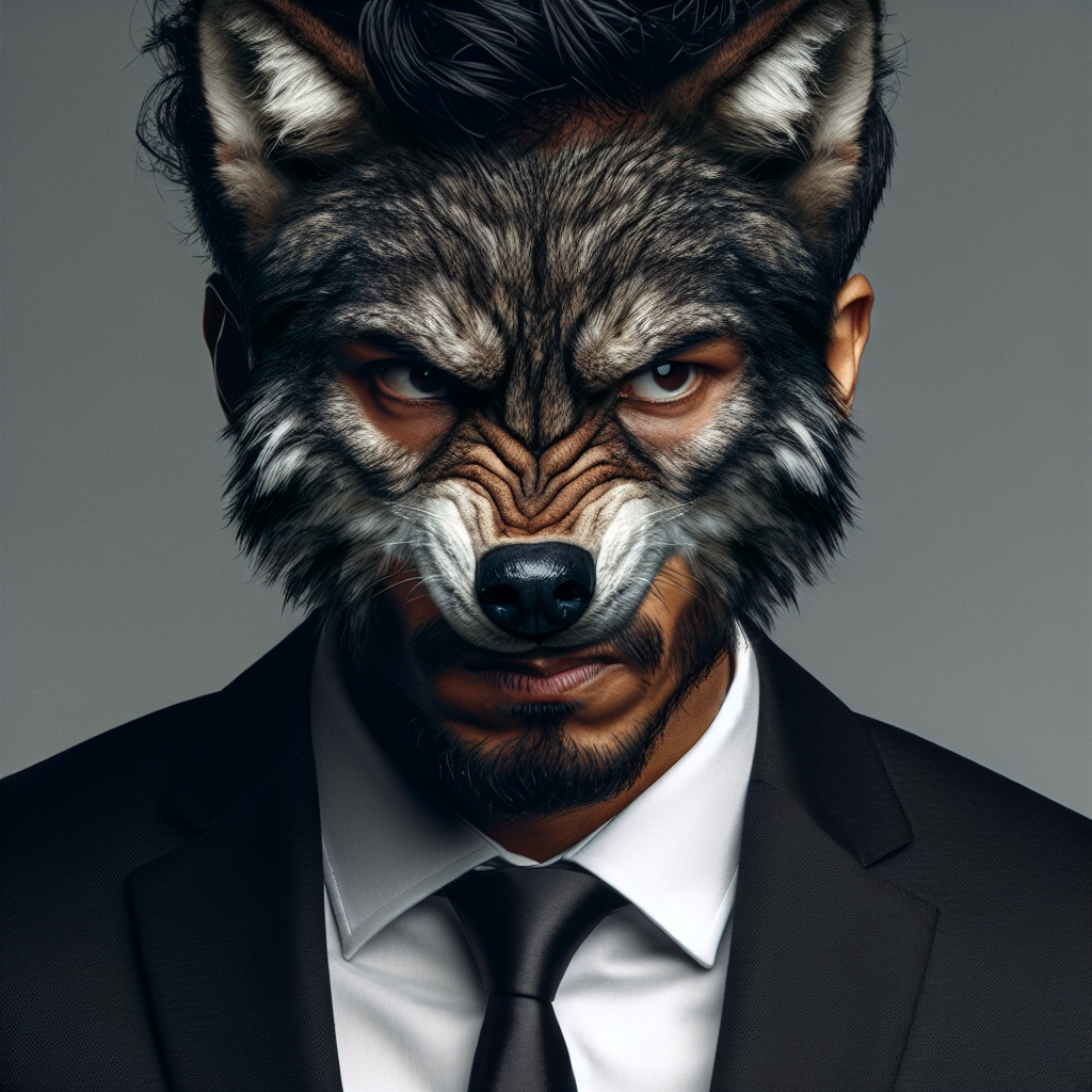 Man with a timberwolf head in a black business suit looking angr Blank Meme Template