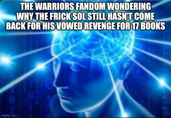 Galaxy brain | THE WARRIORS FANDOM WONDERING WHY THE FRICK SOL STILL HASN’T COME BACK FOR HIS VOWED REVENGE FOR 17 BOOKS | image tagged in galaxy brain | made w/ Imgflip meme maker
