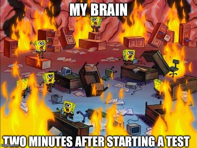 spongebob fire | MY BRAIN; TWO MINUTES AFTER STARTING A TEST | image tagged in spongebob fire | made w/ Imgflip meme maker