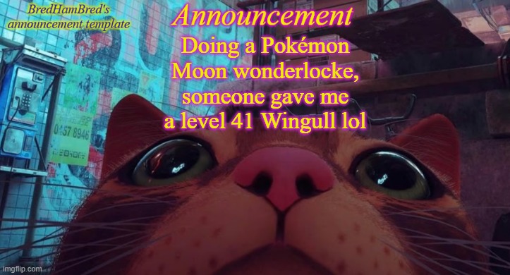 BredHamBred's announcement temp | Doing a Pokémon Moon wonderlocke, someone gave me a level 41 Wingull lol | image tagged in bredhambred's announcement temp | made w/ Imgflip meme maker