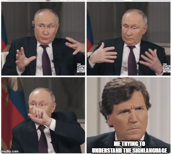 Tucker Carlson Putin Interview | ME TRYING TO UNDERSTAND THE SIGNLANGUAGE | image tagged in tucker carlson putin interview | made w/ Imgflip meme maker
