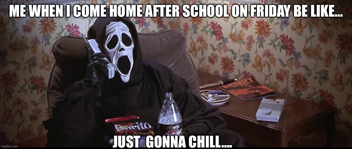 Ghostface chillin killin | ME WHEN I COME HOME AFTER SCHOOL ON FRIDAY BE LIKE…; JUST  GONNA CHILL…. | image tagged in ghostface chillin killin | made w/ Imgflip meme maker