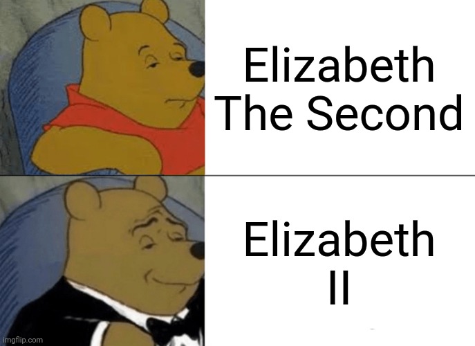 Why not? | Elizabeth The Second; Elizabeth II | image tagged in memes,tuxedo winnie the pooh | made w/ Imgflip meme maker