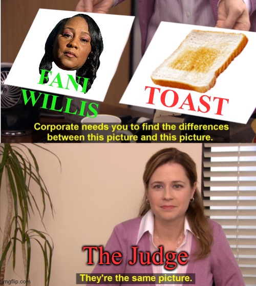Fani Willis has no one to blame but herself for the Trump case falling apart, her career being over and disbarment | FANI WILLIS; TOAST; The Judge | image tagged in they're the same picture,fani willis,toast,trump case,career,disbarment | made w/ Imgflip meme maker