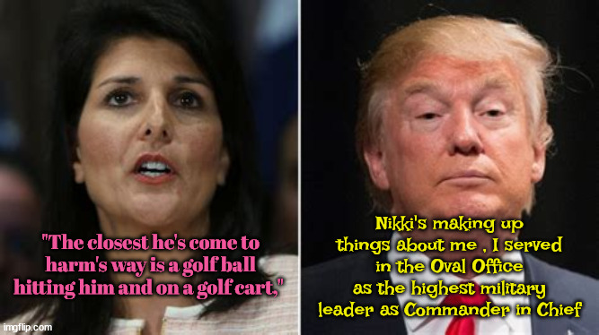Commander Trump | Nikki's making up things about me , I served in the Oval Office as the highest military leader as Commander in Chief; "The closest he's come to harm's way is a golf ball hitting him and on a golf cart," | image tagged in trump,commander in chief,nikki haley,election primary 2024,maga military,golf bball | made w/ Imgflip meme maker