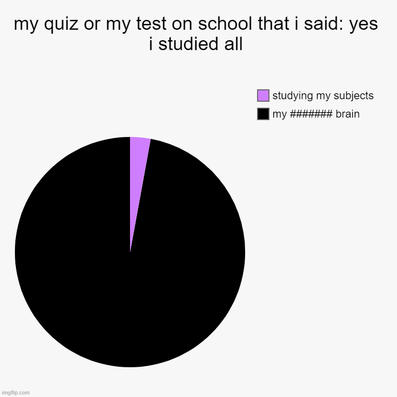 my quiz or my test on school that i said: yes i studied all | my ####### brain, studying my subjects | image tagged in charts,pie charts | made w/ Imgflip chart maker