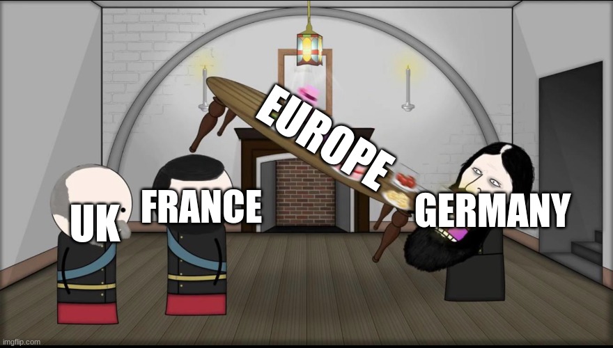 WWII be like | EUROPE; FRANCE; GERMANY; UK | image tagged in rasputin eating oversimplified | made w/ Imgflip meme maker