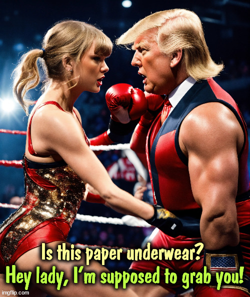 Is this paper underwear? Hey lady, I'm supposed to grab you! | image tagged in taylor swift,donald trump,boxing,depends | made w/ Imgflip meme maker