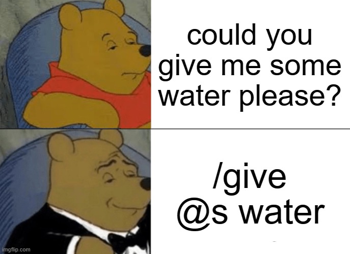 im not fellin' fency 2day | could you give me some water please? /give @s water | image tagged in memes,tuxedo winnie the pooh,minecraft,gaming,pc gaming | made w/ Imgflip meme maker