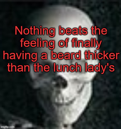 . | Nothing beats the feeling of finally having a beard thicker than the lunch lady's | image tagged in skull | made w/ Imgflip meme maker